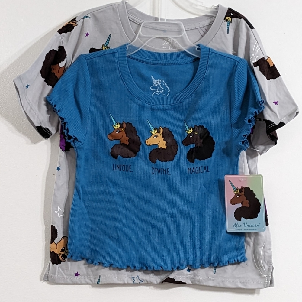 Afro Unicorn Girls Graphic T-Shirts, 2 Pack, Size Small (6-6X), New With Tag